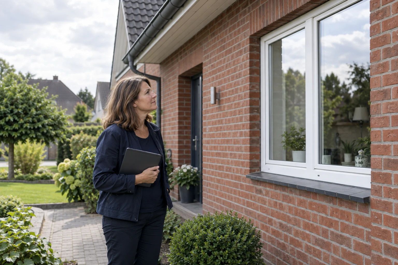 Fachperson prüft Fenster und Gebäudehülle eines gepflegten Backsteinhauses mit einem Tablet.
